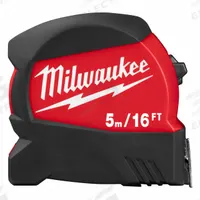 MILWAUKEE Tape Measure: Nonmagnetic Single Hook Tip, 16 ft / 5 m, Plastic with Rubberized Grip (MPN 48-22-0417). Key specifications — attr935324: MILWAUKEE; attr942259: Red; attr935326: Tether Ready; attr935328: 1 mm; attr935329: Millimeters; attr935337: Metric/SAE; attr936607: Manual Lock; attr985315: 5 m or less.