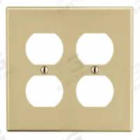 HUBBELL Wall Plate: Duplex Outlet, 2 Gang, Ivory, Std Size (MPN P82I). Key specifications — Brand: HUBBELL; Material: Polycarbonate.