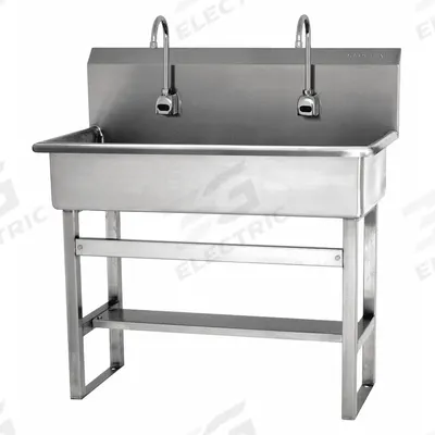 SANI-LAV Wash Station: 45 in Overall Ht, 37 in Bowl Lg, 8 in Bowl Dp, 0.5 gpm Flow Rate - Two-Station Freestanding Wash Stations with Faucets
