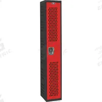 HALLOWELL Wardrobe Locker: 12 in x 18 in x 72 in, Ventilated, 1 Tiers, 1 Units Wide, Padlock Hasp (MPN AWA282-1MR). Key specifications — Brand: HALLOWELL; Locker Color: Red/Black; Door Type: Ventilated; Locker Material: Steel; Assembled: Assembled; Number Plate Included: Yes.
