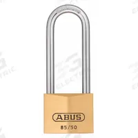 ABUS Padlock: Brass, Unfinished, Gold, Long Shackle, Steel, 3 5/32 in Vert Clearance, 88 Series (MPN 85HB/50 MK KD). Key specifications — attr1312298: 88 Series; attr1312306: 504; attr1312342: Yes; attr1312346: ABUS.