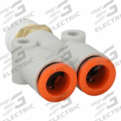 SMC Push-Fit Wye Fitting: 5/16 in OD x 5/16 in OD x 1/4 in Pipe x 5/16 in Pipe Size - Polybutylene & Brass Tube Fittings