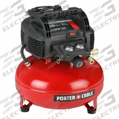 PORTER CABLE Portable Air Compressor: Oil Free, 6 gal, Pancake, 0.8 hp, 2.6 cfm @ 90 psi, 120V AC (MPN C2002). Key specifications — attr48686: Oil Free; attr48685: 120V AC; attr48678: 10 A; attr48688: Water Drain Valve; attr48671: PORTER CABLE; attr124308: Standard (75 dBA or more).