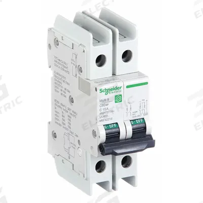 SCHNEIDER Miniature Circuit Breaker: 15 A Amps, 14kA at 120/240V AC, Screw Clamp - C-Curve, 2-Pole UL489 DIN Rail-Mount Miniature Circuit Breakers