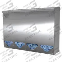 BOWMAN DISPENSERS Bulk Dispenser: 24 3/16 in Overall Wd, 5 3/4 in Overall Dp, 4 Compartments, Silver (MPN BK314-0300). Key specifications — Material: Stainless Steel; Color: Silver; Brand: BOWMAN DISPENSERS; Product Type: Bulk Dispenser; Compatible Dispensing Product: Gloves.