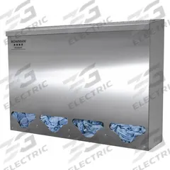 BOWMAN DISPENSERS Bulk Dispenser: 24 3/16 in Overall Wd, 5 3/4 in Overall Dp, 4 Compartments, Silver (MPN BK314-0300). Key specifications — Material: Stainless Steel; Color: Silver; Brand: BOWMAN DISPENSERS; Product Type: Bulk Dispenser; Compatible Dispensing Product: Gloves.