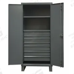 DURHAM MFG Storage Cabinet: 36 in x 24 in x 78 in, Swing Handle & Padlock Hasp, 12 ga Panel Thick (MPN HDCD243678-7B95). Key specifications — Cabinet Color: Gray; Method of Construction: Welded; Base Type: Legs; Assembled: Assembled; Mobility: Stationary; Adjustable Shelves: Adjustable; Cabinet Finish: Powder Coated; Cabinet Material: Steel.