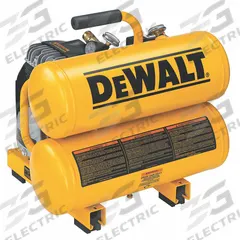 DEWALT Portable Air Compressor: Oil Lubricated, 4 gal, Twin Stack, 1.1 hp, 3.4 cfm @ 90 psi, 120V AC (MPN D55151). Key specifications — attr48686: Oil Lubricated; attr48685: 120V AC; attr48678: 14 A; attr48671: DEWALT; attr124308: Standard (75 dBA or more).
