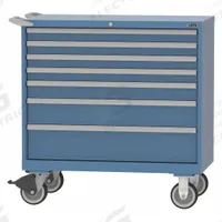 LISTA Modular Drawer Cabinet: 40 1/4 in x 22 1/2 in x 43 1/4 in, 7 Drawers, Tubular, Adj Dividers (MPN HS07-0701A-MBKABB). Key specifications — Cabinet Color: Bright Blue; Base Type: Casters; Drawer Inside Height: (4) 2 in; Drawer HxWxD: (4) 2 in x 36 in x 18 in; Work Surface Material: Steel; Drawer Handle Type: Tubular; Cabinet Material: Steel; Number of Compartments per Drawer: (1) 18.