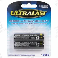 ULTRALAST Rechargeable Battery: 18650 Battery Size, Lithium Ion, 3.7V DC, 2 PK (MPN UL1865-26-2P). Key specifications — Battery Chemistry: Lithium Ion; Voltage - Batteries: 3.7V DC; Brand: ULTRALAST.