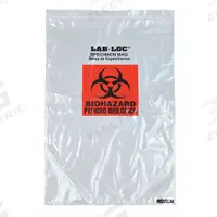 Specimen Transfer Bag: LDPE, Biohazard, 2 mil Thick, Clear, 20 in Overall Ht, Non-Sterile, 250 PK (MPN LABZ1420B). Key specifications — Brand: LK PACKAGING; Closure Type: Zipper; Product Type: Specimen Transfer Bag; Manufacturer Part Number: LABZ1420B; Color: Clear; Display Sell UOM: PK; Legend: Biohazard.
