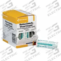 FIRST AID ONLY Wound Seal: Butterfly Wound Closures, 1 3/4 in Wd, 3/8 in Lg, Not Metal Detectable (MPN G135). Key specifications — Product Type: Butterfly Wound Closures; Unitized: Unitized; Water Resistance: Water Resistant; Brand: FIRST AID ONLY; Latex Content: Latex Free; Metal Detectable: Not Metal Detectable; Package Type: Box; Manufacturer Part Number: G135.