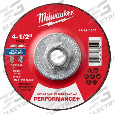 MILWAUKEE Grinding Wheel: Type 27, 4 1/2" x 1/4" x 5/8"-11, Zirconia Alumina - High-Performance Grinding Wheels for Carbon & Stainless Steel