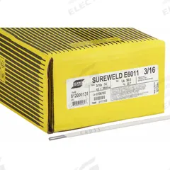 ESAB Stick Electrode: Carbon Steel, E6011, 3/16 in x 14 in, 50 lb, Sureweld 6011 (MPN 812000131). Key specifications — Brand: ESAB; Tensile Strength (As Welded): 76 ksi; Yield Strength (As Welded): 67 ksi.