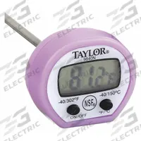 TAYLOR Digital Thermometer: Allergy, LCD, 5 in Overall Lg, 1/8 in Dia, Metal Detectable (MPN 9840PRN). Key specifications — Accuracy: ±2 °C; Brand: TAYLOR; Case Material: Plastic; Display Type: LCD; Features: Auto-Off; NSF Certified: Yes; Thermometer Type: Stem Thermometer; Metal Detectable: Yes.