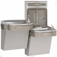ELKAY Bi-Level Drinking Fountain with Bottle Filler: On-Wall, Non-Refrigerated, Stainless Steel (MPN LZSTLDDWSLK). Key specifications — Brand: ELKAY; Housing Material: Stainless Steel; Filter Access: Bottom Panel Access; Housing Finish: Granite; Chilling Capacity: Non-Refrigerated; Housing Color: Gray.