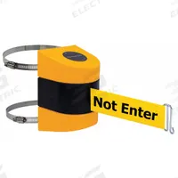 TENSABARRIER Retractable Belt Barrier: Hose Clamp Mounting Plate/Wire Clip, 15 ft Belt Lg, Yellow (MPN 897-15-C-35-NO-YAX-A). Key specifications — Message Color: Black; Frame Color: Yellow; Brand: TENSABARRIER; Belt Color: Yellow.