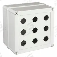 HOFFMAN Push Button Enclosure: 22mm, 9 Holes, Non-Metallic, NEMA 4X (MPN VM775-PBM9). Key specifications — Brand: HOFFMAN; Environments & Applications: Washdown-Corrosion-Resistant.