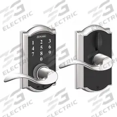SCHLAGE RESIDENTIAL Electronic Keyless Lock: Touch Screen Keypad, Chrome (MPN FE695 CAM625ACC). Key specifications — Product Type: Electronic Keyless Lock; Manufacturer Part Number: FE695 CAM625ACC; Access Method: Touch Screen Keypad; Key Override Options: Schlage "C" 6 Pin Keyway.