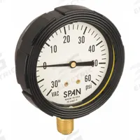 SPAN Compound Gauge with Internal Seal: 0 psi to 60 psi, LFS-210, 2 1/2 in Dial, Buna-N, Brass, IP65 (MPN LFS-210-30Hg/60PSI-G-KEMX). Key specifications — Brand: SPAN; Gauge Case Liquid: Glycerin; Seal Fill Liquid: Instrument Oil; Seal Lower Housing Material: Brass; Accuracy: ±1.00%; Gauge Wetted Parts: Brass / Copper.