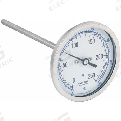 ASHCROFT Dial Thermometer: 0°F to 250°F /-20°C to 120°C, ±1% Accuracy, 6 in Stem Lg - Back-Mount Fixed-Angle Thread-Mount Dial Thermometers
