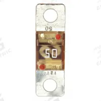 BUSSMANN Automotive Fuse: AMI Series, Two-Hole, Bolt-On, Fast-Acting, 50 A, 32 V DC, Non-Indicating (MPN AMI-50). Key specifications — Brand: BUSSMANN; Series: AMI.