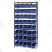 QUANTUM STORAGE SYSTEMS Bin Shelving: 36 in x 18 in x 74 in, 1 Sided, 40 Bins, Open, Shelf Bin, Blue (MPN WR9-204BL). Key specifications — Includes Bins: Yes; Bin Material: Polypropylene; Frame Color: Silver; Bin HxWxD: (40) 6 in x 6-5/8 in x 17-7/8 in; Frame Material: Steel; Bin Color: Blue; Bin Style: Shelf; Brand: QUANTUM STORAGE SYSTEMS.