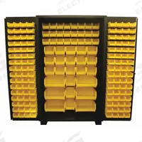 JAMCO Bin Cabinet: 48 in x 24 in 78 in, 0 Shelves, 176 Bins, Yellow, Flush, 14 ga Panel, Black, Bins (MPN DE248BL). Key specifications — Bin Color: Yellow; Bin HxWxD: (6) 7 in x 16-1/2 in x 14-3/4 in; Assembled: Assembled; Cabinet Style: Shelf and Bin; Brand: JAMCO; Cabinet Color: Black; Cabinet Finish: Powder Coated; Cabinet Material: Steel.