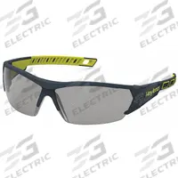 HEXARMOR Safety Glasses: Gray Lens, Half-Frame, Anti-Fog/Hard Coat/TruShield®, Dielectric/Vented (MPN 11-14003-02). Key specifications — Brand: HEXARMOR; Frame Color: Charcoal/High-Visibility Yellow; Lens Color: Gray; Lens Properties: Anti-Fog / Scratch-Resistant.