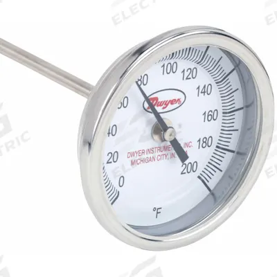 Dwyer Long Reach Dial Thermometer: 0°F to 200°F, +/- 1% Accuracy, 3 in Dial Dia - Fixed-Angle Long-Reach Thread-Mount Dial Thermometers