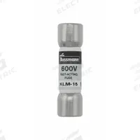 BUSSMANN Fuse: KLM Series, Midget, Fast-Acting, 15 A, 600 V AC, 600 V DC, 13/32 in x 1 1/2 in (MPN KLM-15). Key specifications — attr1287209: KLM; attr211192: BUSSMANN.