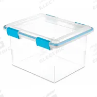 STERILITE Storage Tote: 8 gal, 18 1/2 in x 14 7/8 in x 11 1/8 in, Clear Body Body, Blue Lid, Blue (MPN 19334304). Key specifications — attr1188666: Plastic; attr1188675: Clear Body; attr1188676: Blue; attr1188687: STERILITE.