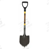 SEYMOUR MIDWEST Round Point Cutting Teeth Shovel: Steel Blade, 14 ga, D-Grip Handle Type (MPN 49632GR). Key specifications — Blade Color: Black; Handle Color: Yellow; Blade Material: Steel.