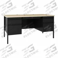HIRSH Double Pedestal Desk: Melamine Laminate/Particleboard, Maple, 2 Pedestals, 4 Drawers (MPN 25052). Key specifications — Desktop Material: Melamine Laminate; Includes Modesty Panel: Yes; Pedestal Location: Double Pedestal; Kit Product Type: Double Pedestal Desk; Desktop Color: Maple; Brand: HIRSH; Frame Color: Black; Frame Material: Steel.