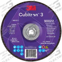 3M CUBITRON 3 Cut-Off and Grinding Wheel: Type 27, 7" x 5/32" x 5/8"-11, Ceramic, 36 Grit (MPN 90022). Key specifications — Brand: 3M CUBITRON 3.