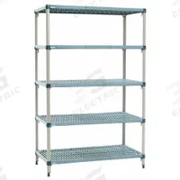 METRO Shelf Plastic Industrial Shelving (5): 24 in x 48 in, 74 in Overall Ht, 5 Shelves (MPN 5Q557G3). Key specifications — Resistance Properties: Antimicrobial; Shelf Adjustment Type: Quick-Adjust; Frame Material: Steel; Shelving Material: Steel; Brand: METRO.
