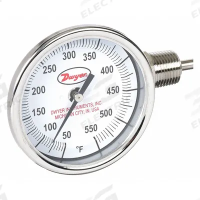 Dwyer Dial Thermometer: 50°F to 500°F, ±2%Full Scale Accuracy, 6 in Stem Lg - Side- & Bottom-Mount Fixed-Angle Thread-Mount Dial Thermometers