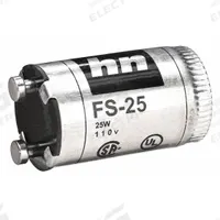 HUBBELL WIRING DEVICE-KELLEMS Fluorescent Lamp Starter: 25 W Max. Bulb Watts, 2 Pins, FS-25 (MPN FS25). Key specifications — attr237416: FS-25; attr239852: HUBBELL WIRING DEVICE-KELLEMS.