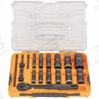 KLEIN TOOLS: 1/4 in, 3/8 in Drive Size, 1/4 to 1 in/8 to 19 mm Socket Size, 18 Pieces, (12) 6-Point (MPN 65626). Key specifications — attr1204251: KLEIN TOOLS; attr1215453: 1/4 in, 3/8 in; attr1215454: 8 mm to 19 mm.