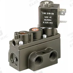 ARO Solenoid Air Control Valve: Alpha, Four-Way / Two-Position, 120V AC, 1/8 in Female NPT, 150 psi (MPN A211SS-120-A). Key specifications — attr1092969: Non-Locking; attr1086920: A211SS-120-A; attr1092977: Spring Return.