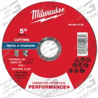 MILWAUKEE Cut-Off Wheel: Type 1, 5" x 0.045" x 7/8", Aluminum Oxide, 46 Grit (MPN 49-94-0115). Key specifications — Brand: MILWAUKEE.