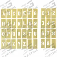 SKILCRAFT Stencil Set: 0 to 9/A to Z/Punctuation, 1 in Character Ht, 3/4 in Character Wd, Brass (MPN 7520-00-298-7043). Key specifications — Characters Included: 0 to 9; Interlocking Orientation: Horizontal; Brand: SKILCRAFT; Included Characters: Punctuation.