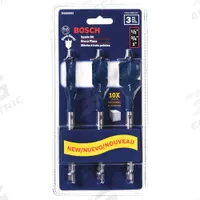 BOSCH Spade Drill Bit Set: 6 in Overall Lg, Bright (Uncoated), 1/4 in Shank Hex Size, 3 Drill Bits (MPN DSB5003). Key specifications — attr277223: BOSCH; attr255674: Bright (Uncoated); attr255683: Carbon Steel.