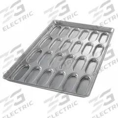 CHICAGO METALLIC Hot Dog Bun Pan: Aluminized Steel, 24 Slots, 16 3/4 in Overall Wd, 22 ga Gauge (MPN 42415). Key specifications — Pan Style: Hot Dog Bun Pan; Brand: CHICAGO METALLIC; Color: Silver; Material: Aluminized Steel; NSF Certified: No; Number of Slots: 24.