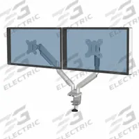 FELLOWES Dual Monitor Arm: Silver, Aluminum/Plastic, Clamp/Grommet Mount, 18 lb Wt Capacity (MPN 8056501). Key specifications — Features: Dual USB Connectivity; Material: Aluminum; Brand: FELLOWES; Product Type: Dual Monitor Arm; Mount Mechanism: Clamp/Grommet; Color: Silver.