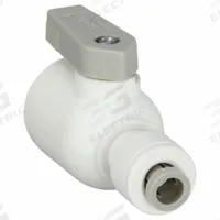 PARKER Manual Two-Way Ball Valve: 1/4 in, Polypropylene, Straight, Push x Push, Full Port Ball Port (MPN PP4VUC4-MG). Key specifications — Brand: PARKER; Handle: Lever.