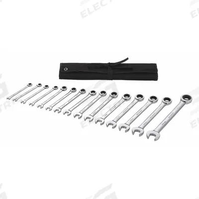WESTWARD Combination Wrench Set: Alloy Steel, Chrome, 15 Tools - Metric 12-Point Ratcheting Combination Wrench Sets