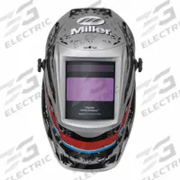 MILLER ELECTRIC Welding Helmet: Auto-Darkening, 3 Arc Sensors, Black/Blue/Red/Silver, Patriotic (MPN 296755). Key specifications — Color: Silver; Suspension Adjustment Type: Ratchet; Series: Digital Performance; Graphics: Patriotic; Viewing Area: 7.2 sq in; Brand: MILLER ELECTRIC; Grind Mode: Yes; Helmet Material: Nylon.
