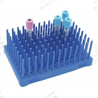 Tube Rack: 5 in Overall Wd, 2 1/8 in Overall Ht, 3 1/4 in Overall Lg, Polypropylene, Blue, Benchtop (MPN HS24312B). Key specifications — Material: Polypropylene; Mounting Location: Benchtop; Color: Blue; Product Type: Test Tube Rack; Total Holding Capacity: (96) Wells; Brand: HEATHROW SCIENTIFIC.