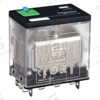 SCHNEIDER General Purpose Relay: Socket Mounted, 15 A Current Rating, 24V DC, 4PDT, F Socket (MPN RPM41BD). Key specifications — Brand: SCHNEIDER; Base Type: Square; Mounting Style: Plug-In; Pin Shape: Flat; Electrical Connection: Quick-Connect; Manufacturer Part Number: RPM41BD; Series: Harmony™ RPM Series.